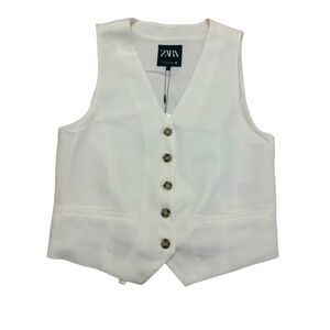 Zara Womens White Vest Waistcoat Linen Blend lined Size Small NWT
